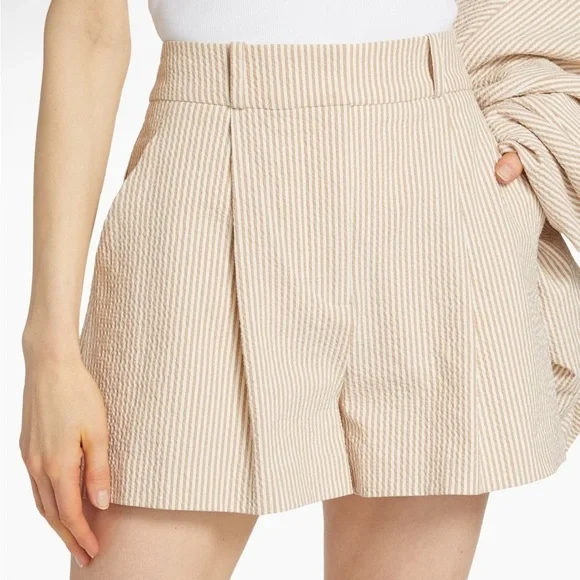 Veronica Beard Haina Seersucker Pleated Shorts Khaki White 6 NWT - Picture 5 of 16